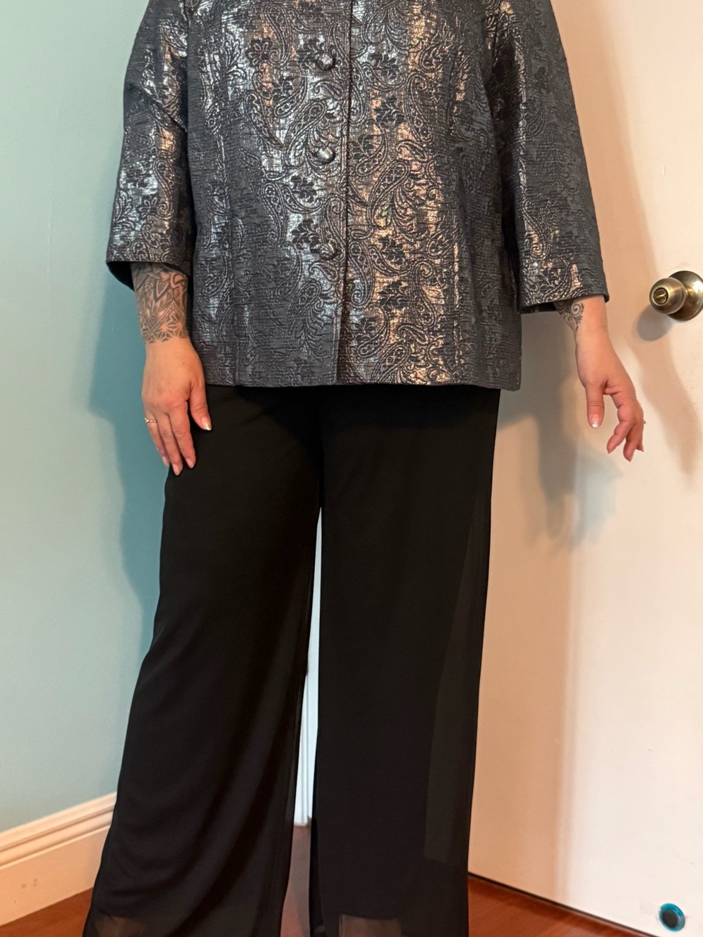 Alfred Dunner Silver Brocade Jacket with Black Wide-Leg Pants